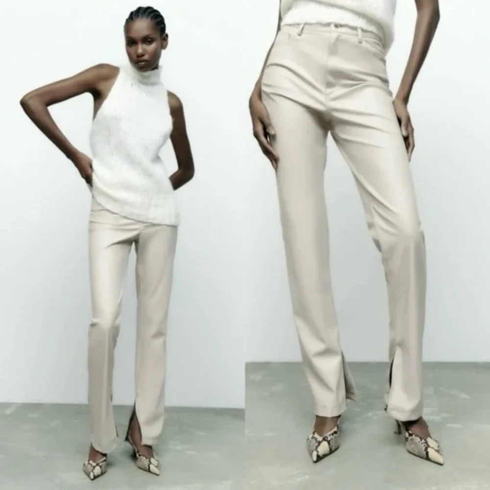 Zara NWOT SET faux leather button tapered waist shirt & matching split hem pants